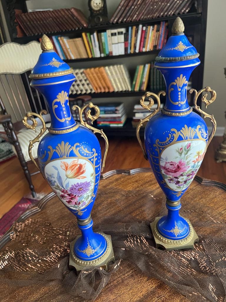 Antique French Cobalt Blue Porcelain Vases Pair Floral Urns Gilt Bronze Handles Victorian Home Decor Elegant Collectible Display Piece