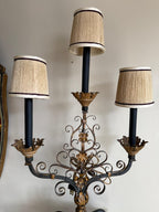 Vintage Wrought Gold Black Iron Electric Candelabra Floral Scroll Base Table Lamp Beige Burlap Shades 3 Lights Ornate Lamp & Shades Elegant