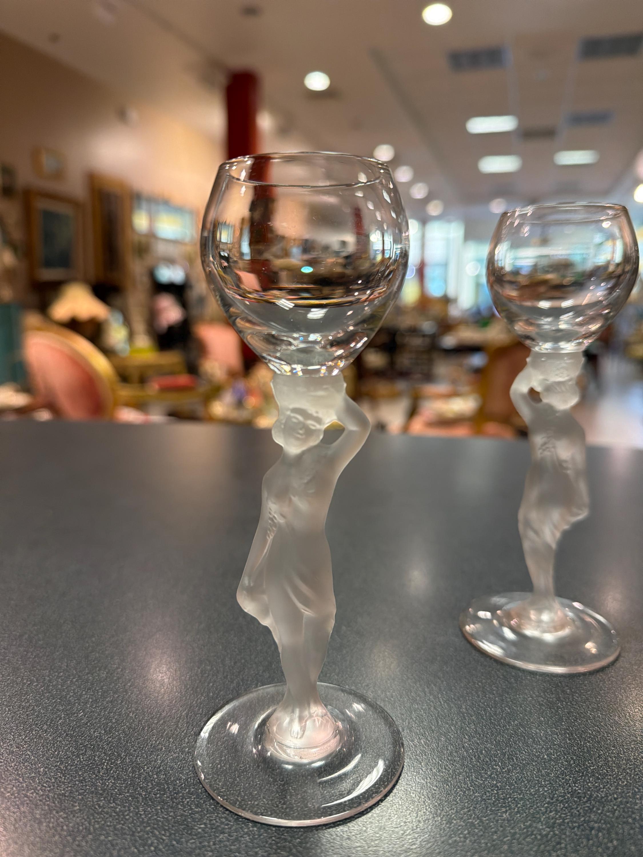 Lalique Style Nude Crystal Goblet, Art Deco Figural Stem Glass, Frosted Female Figure Wine Glass, Vintage Bacchantes Inspired Barware