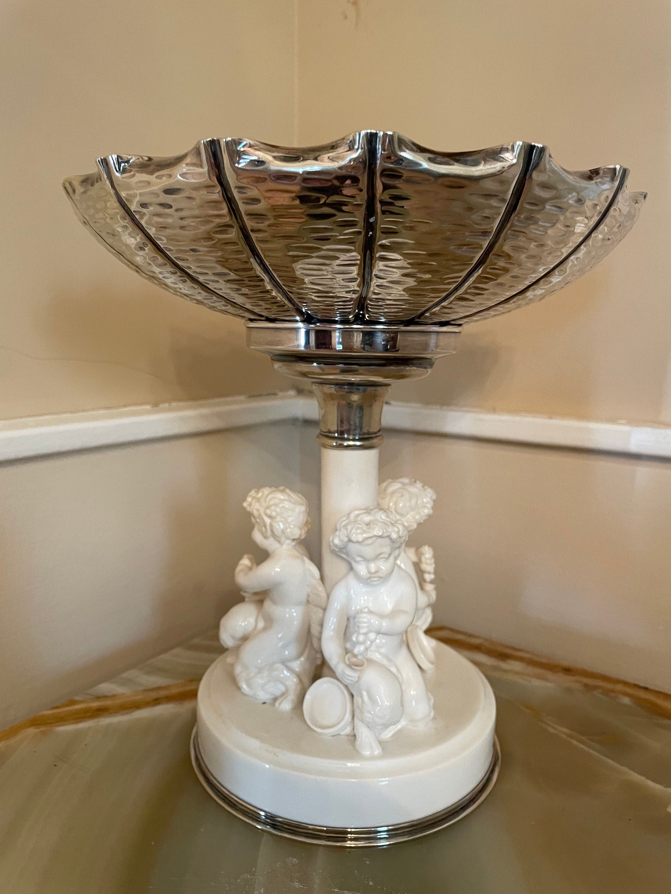 Vintage Decorative Compote Cherub Base Ornate Pedestal Bowl Hammered Metal Top Baroque Style Fruit Dish Romantic Rococo Accent Piece