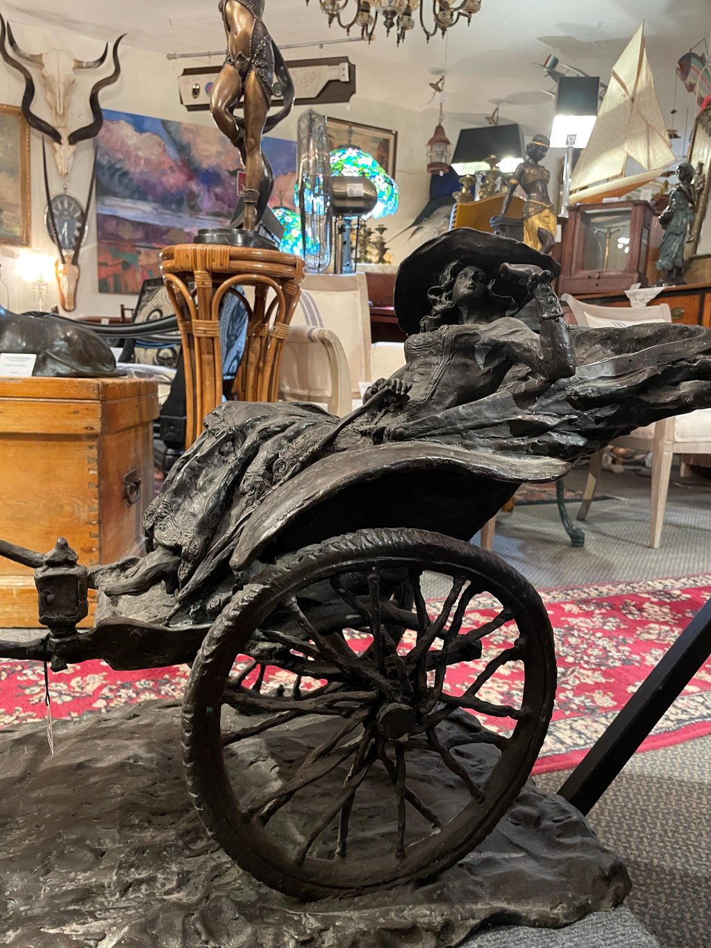 Large Bronze French Rickshaw Sculpture Antique Figurative Art Piece Decor