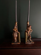Rare Garnier French Bookend Pair Art Deco Ceramic Characters Candle Holder Unique Colorful Home Decoration Shelf Accent Conversation Piece