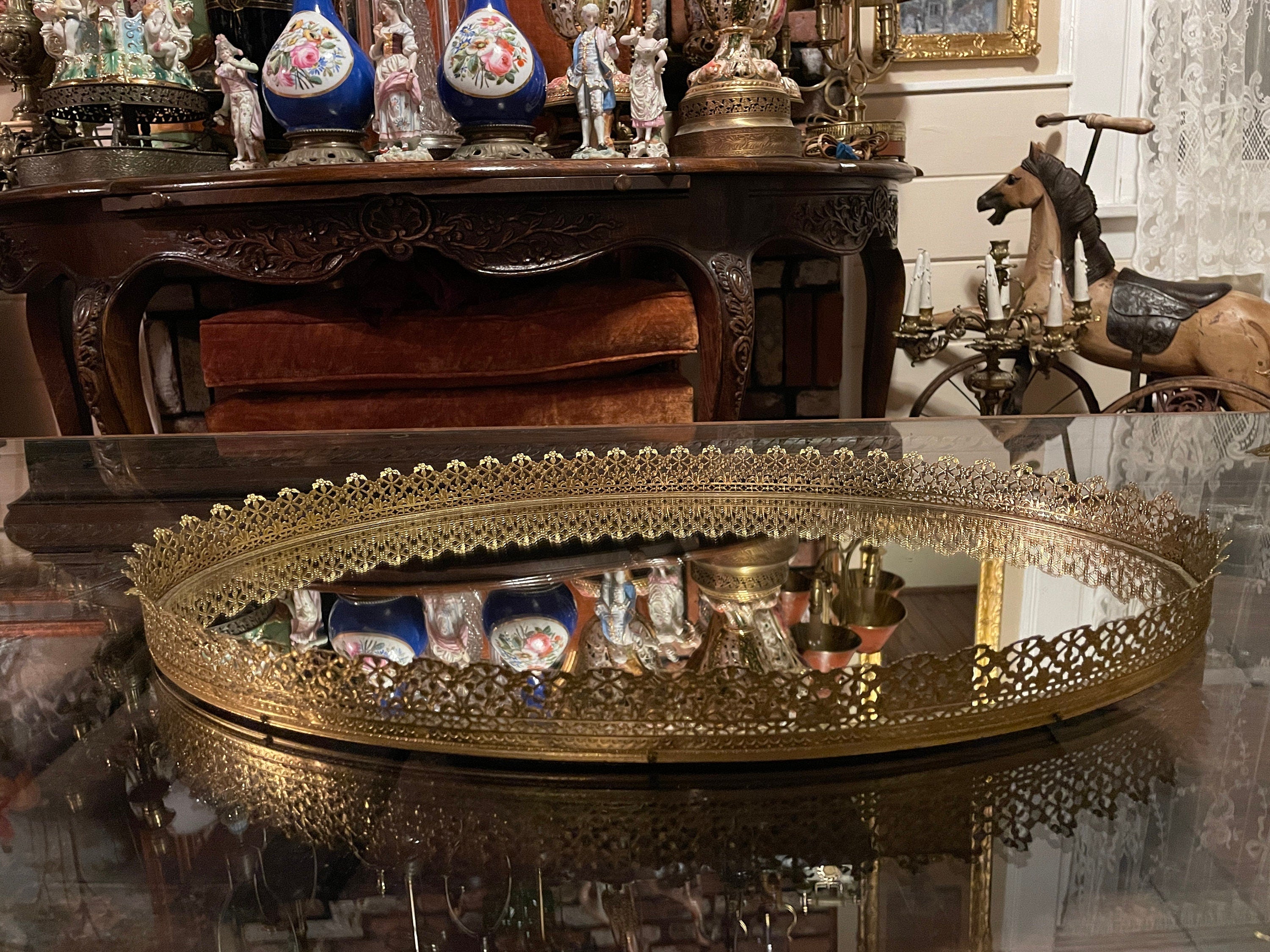 Vintage French Style Ornate Oval Vanity Tray Gold Filigree Mirrored Centerpiece Elegant Hollywood Regency Accent Dresser Display Decoration