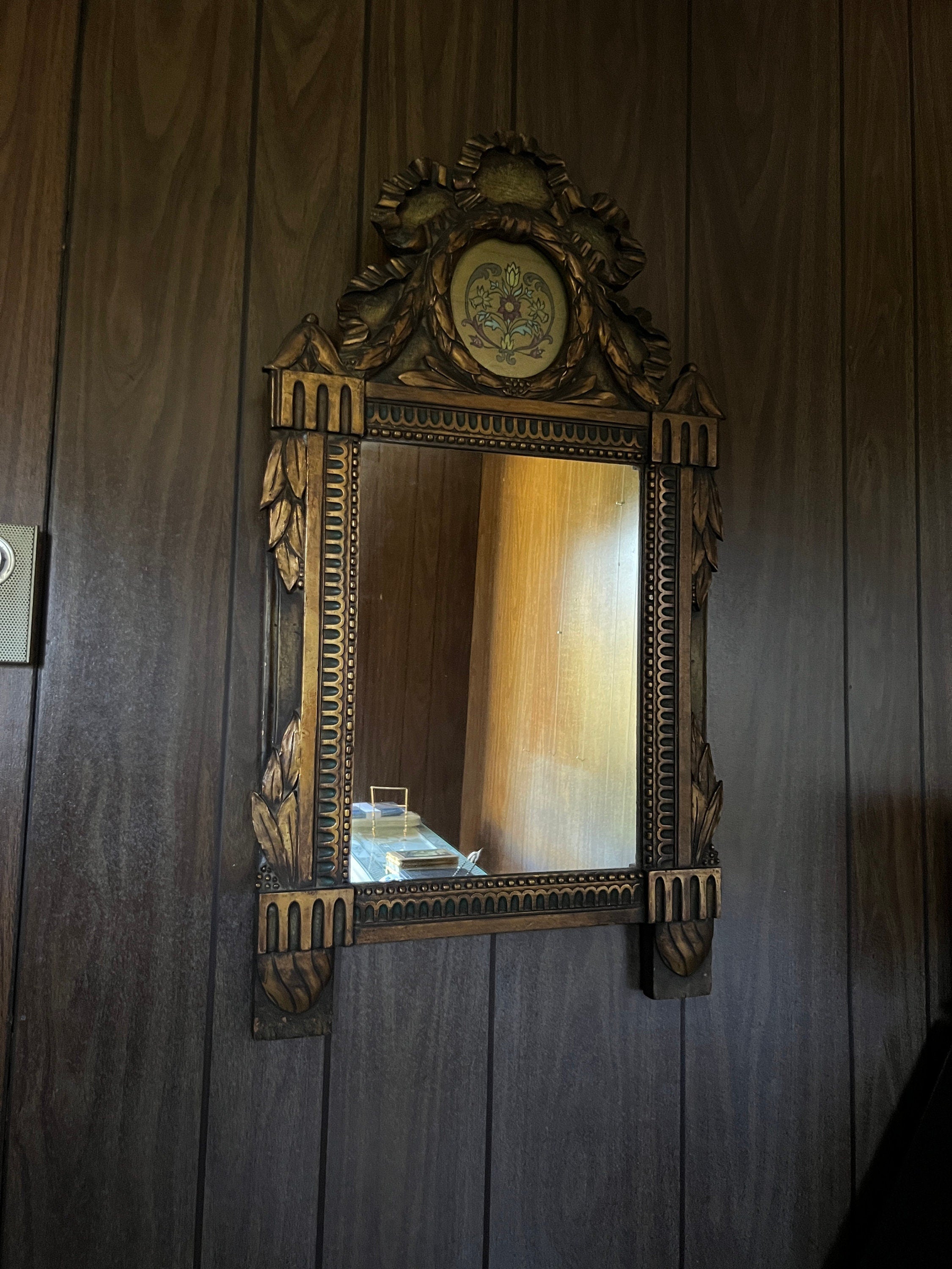 French Style Impressive Antique Gold GiltTrumeau Wood Mirror Hand Carved Floral Reverse Painting Ribbon Crest Frame Tulip Folk Art Style