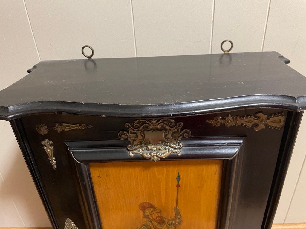 Spanish Style Ebonized / Brass Mounted 19. Century Wall Cabinet.Wood Shelf Nick Knack Wall Display Cabinet Hanging Cabinet H 22"x W 18"