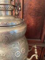 Antique Middle Eastern Samovar Large Engraved Brass Tea Urn Footed Base Unique Floral Pattern Arabic Script Collectible Decoration Piece