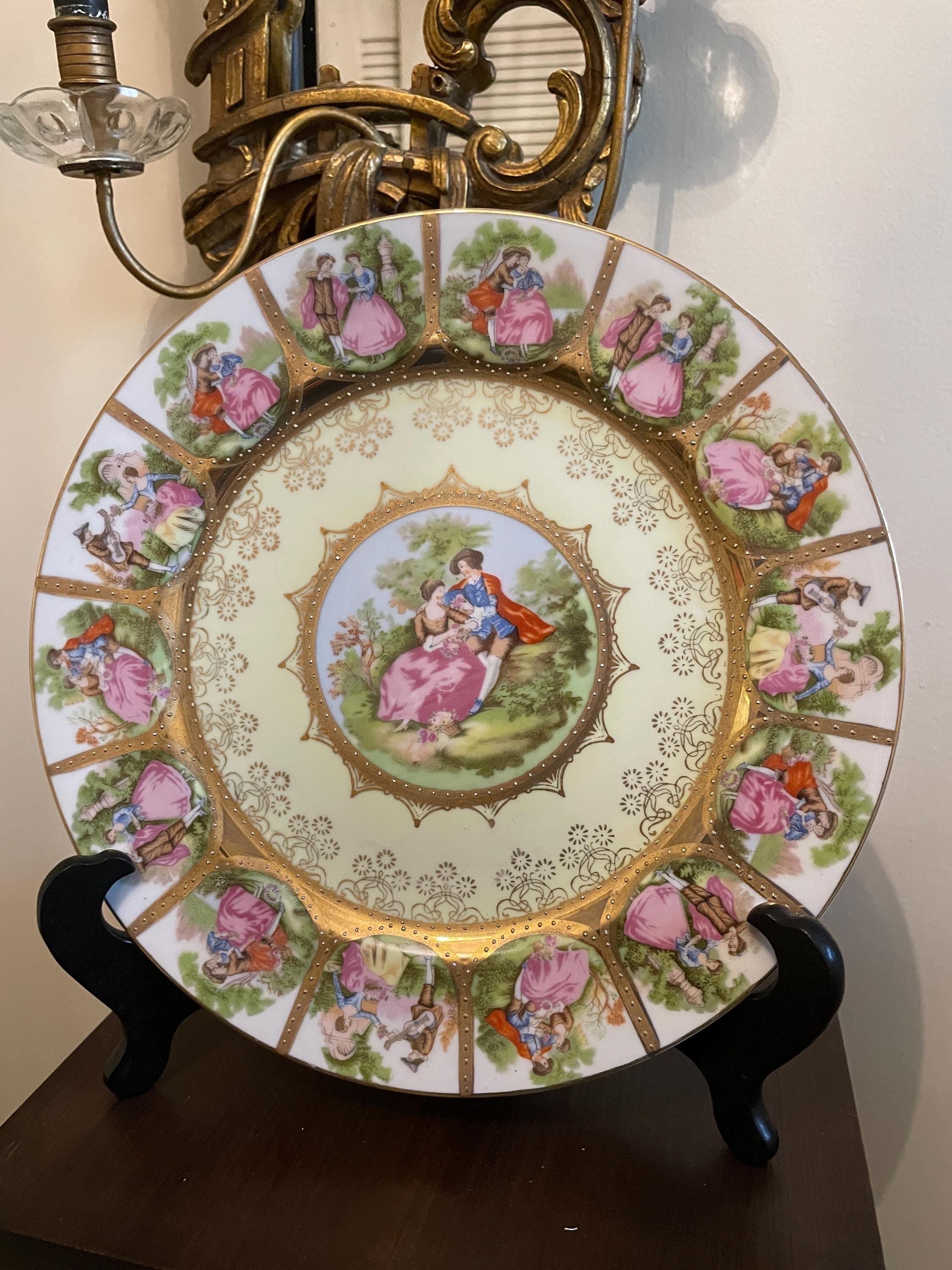 Vintage Set of 8 Love Story Porcelain Dinner Plates  Fragonard Courting Couple Gold Trim Porcelain Collectible Wall Art Elegant Home Accent