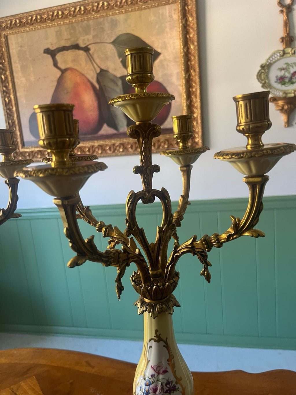 Antique French Candelabra Pair Porcelain Floral Gilt Bronze Five Arm Candle Holders Rococo Style Elegant Table Mantel Centerpiece Decor