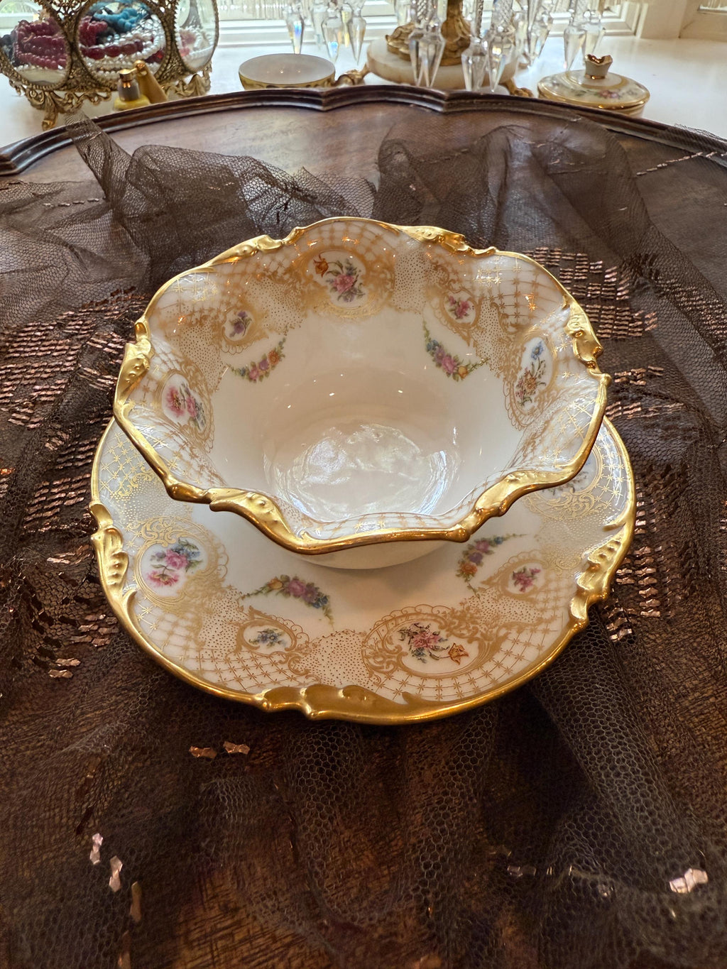 Antique French Limoges Porcelain Bowl Attached Underplate One-Piece Bowl Saucer Hand Painted Roses & Gold Gilt Serving Dish fixed Under-tray