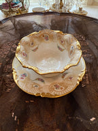 Antique French Limoges Porcelain Bowl Attached Underplate One-Piece Bowl Saucer Hand Painted Roses & Gold Gilt Serving Dish fixed Under-tray