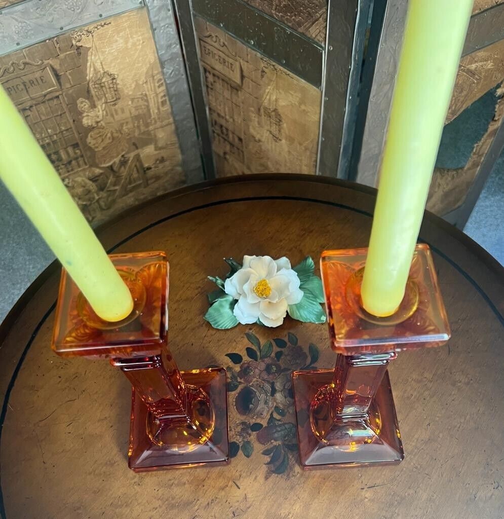 Pair of Vintage Orange Glass Candle Holders Art Deco Column Design Elegant Taper Stand Table Decor Retro Home Accents Collectible Gift Idea