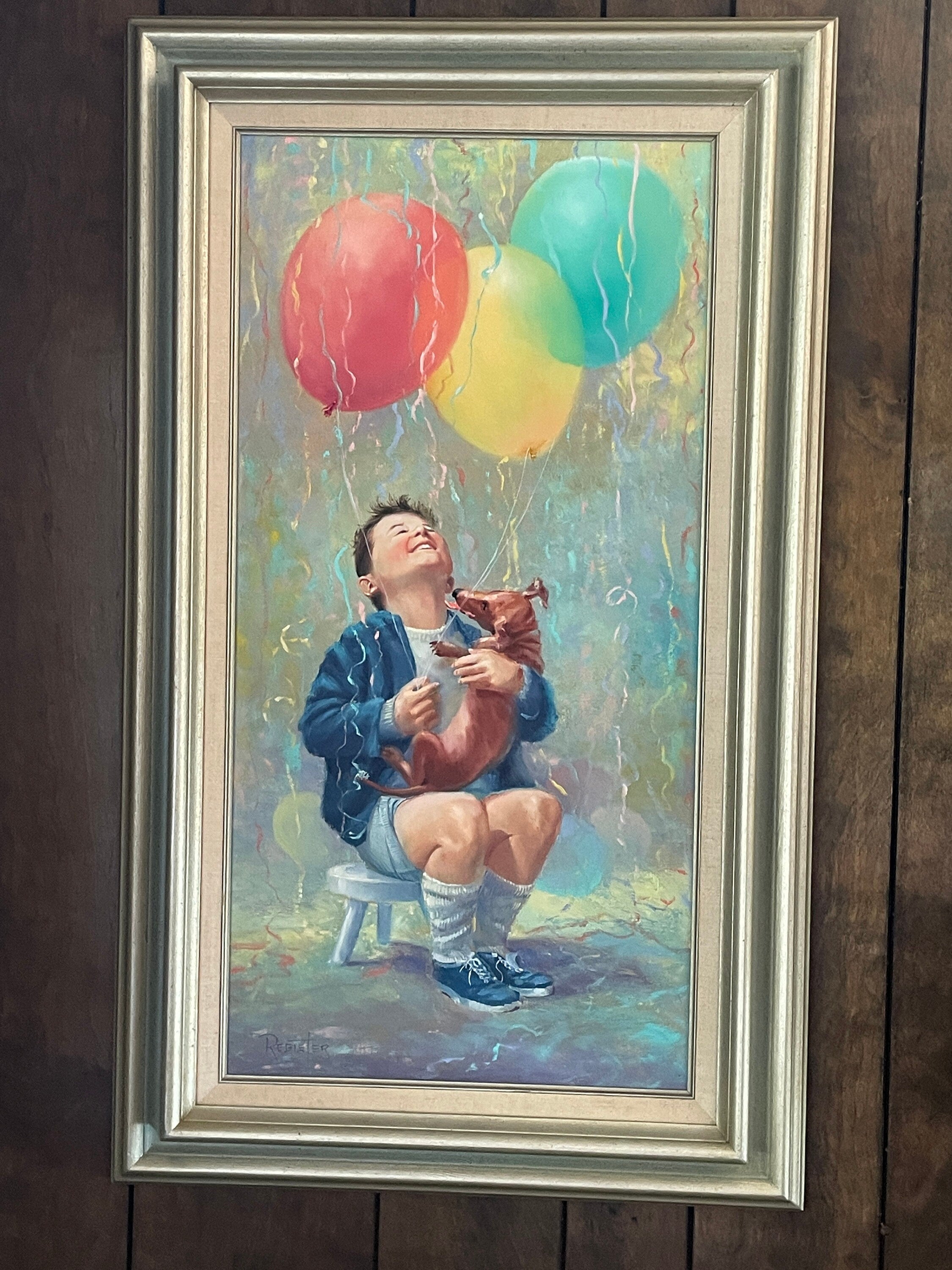 Vintage Painting Boy with Balloons and Puppy Whimsical Wall Original Oil Painting Reinter Signed. Decorative Wall Art 1950s Wall Art 35" 21"