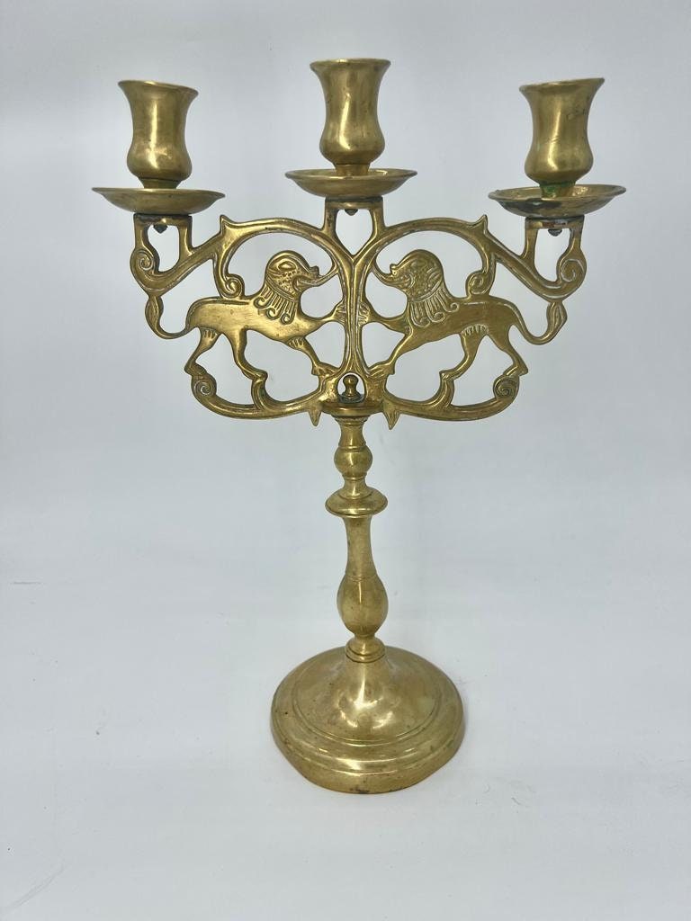 Vintage Brass Three Arm Candelabra Lion Motif Ornate Candle Holder Heavy Solid Metal Middle Eastern Style Antique Gold Home Decoration Piece