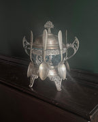Antique Victorian Silverplate Condiment Holder Set Ornate Blue Glass Bowl Elegant Footed Frame Collectible Centerpiece Spoons Display Decor