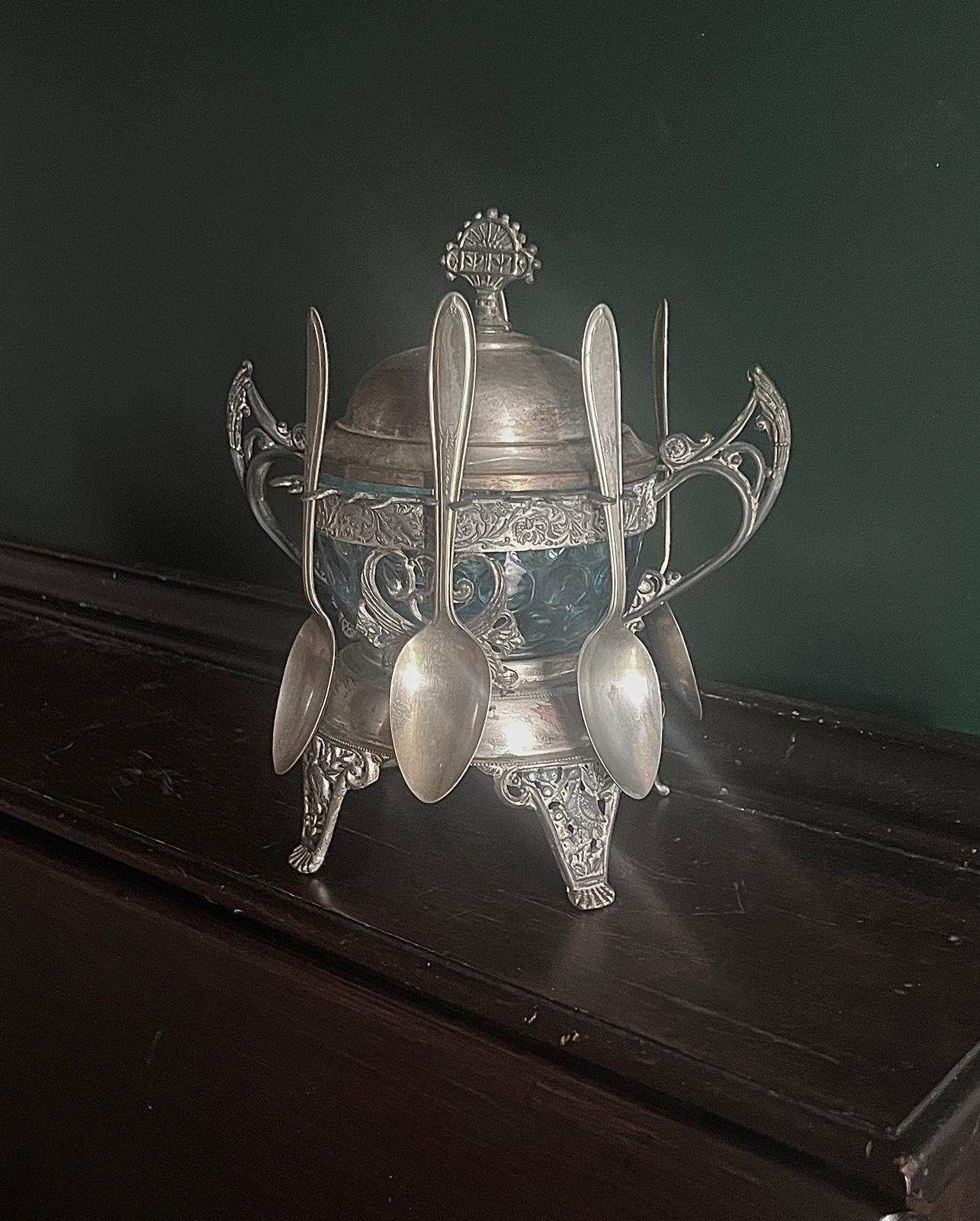 Antique Victorian Silverplate Condiment Holder Set Ornate Blue Glass Bowl Elegant Footed Frame Collectible Centerpiece Spoons Display Decor