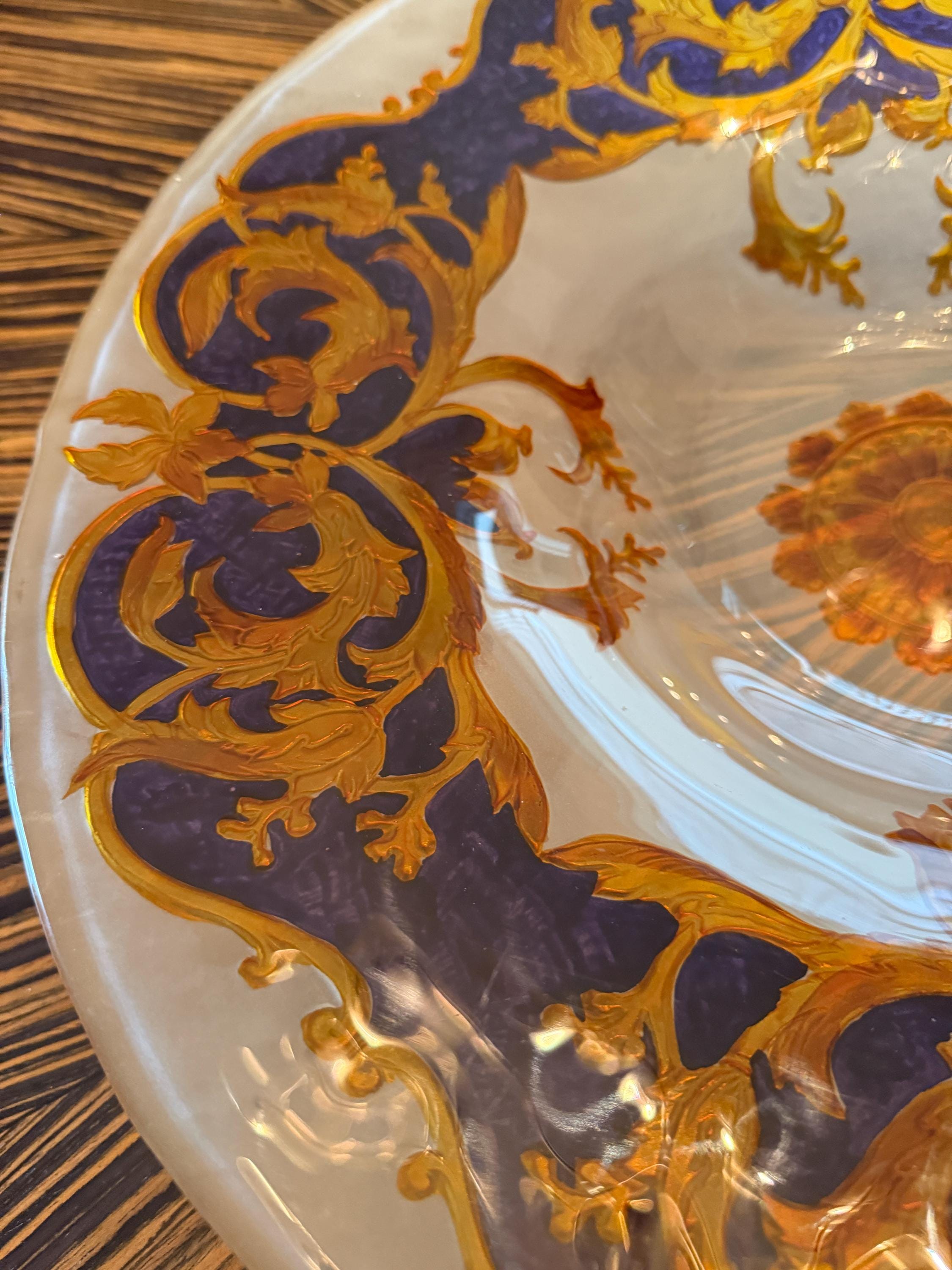 Vintage Glass Versace Style Gold & Cobalt Blue Decorative Centerpiece Serving Plate  Glass Centerpiece Bowl  Elegant Home Decor 18.5" 3.5"