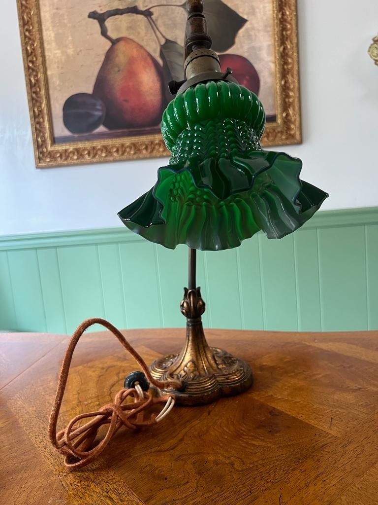Antique Art Deco Green Ruffle Glass Shade Table Lamp Cast Iron Base French Style Desk Light Early 1900s Lighting Accent Victorian Decoration