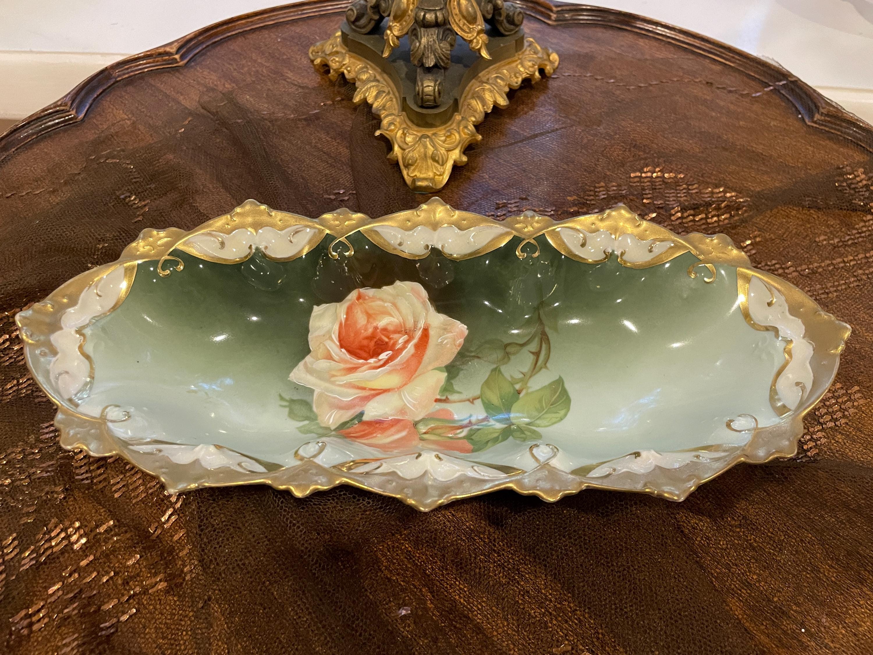 Antique Hand Painted Porcelain Bowl Pink Rose Design Ornate Gold Trim Art Nouveau Austrian Centerpiece Decorative Collectible Display Dish