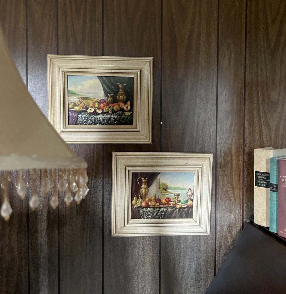 Vintage framed still life wall art set classic fruit table paintings in ornate cream frames traditional kitchen dining decor European style