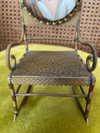 Antique Miniature Bronze Rocking Chair Portrait Enamel Backrest Ornate Victorian Display Chair Rare Collectible Home Decoration Piece