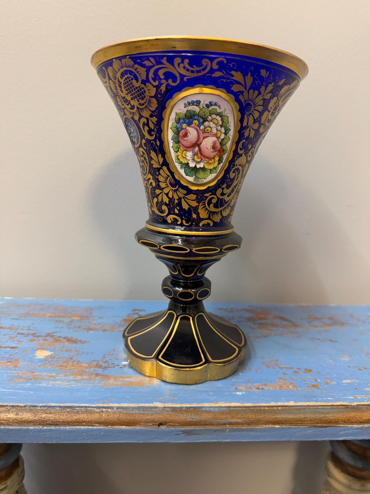 Antique Bohemian Enamel Gilded Art Glass Cobalt Blue Hand Painted Vase Goblet  Floral Medallions Moser Style Decorative