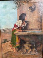 Antique European Oil Painting Girl at Fountain Signed Oil on Canvas Gilt Frame Late 19th Century