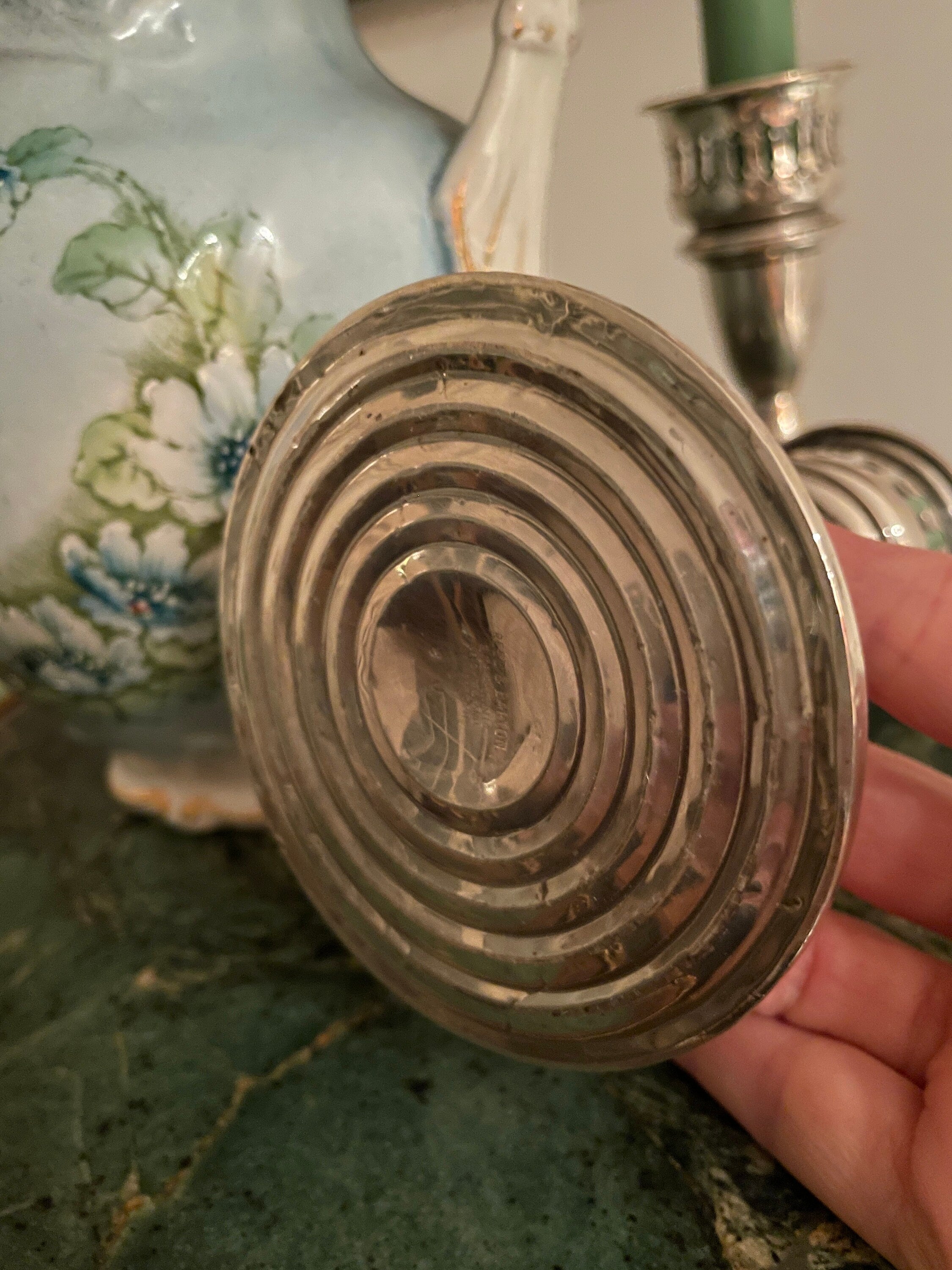 Vintage Silver Plated Candle Holders Pair With Floral Porcelain Pitcher Hand Painted Elegant Table Decoration Victorian Cottage Accent