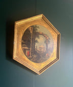 Vintage Italian Florentia Canaletto Style Hexagon Wall Art Ornate Gilt Frame Roman Ruins Scene Classical Landscape Architecture Art