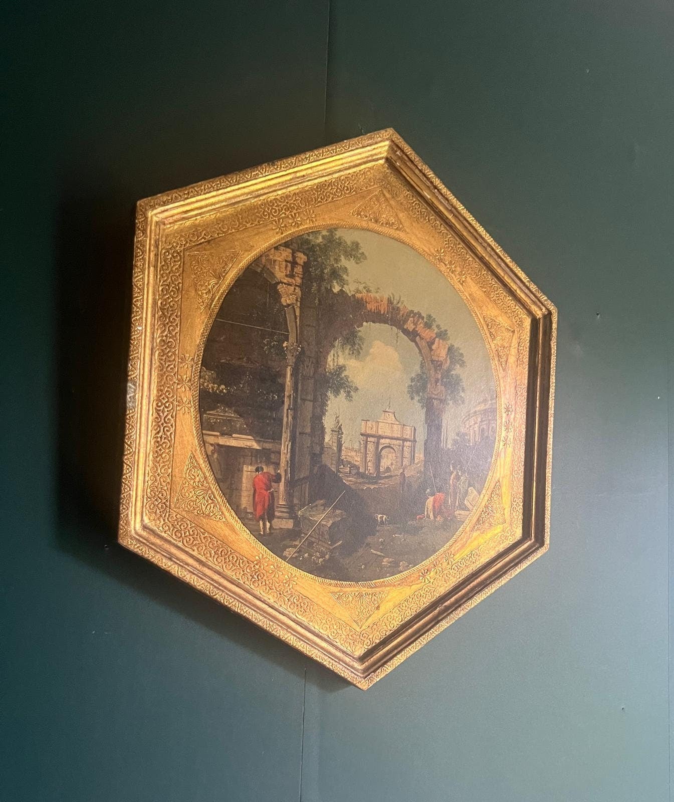 Vintage Italian Florentia Canaletto Style Hexagon Wall Art Ornate Gilt Frame Roman Ruins Scene Classical Landscape Architecture Art