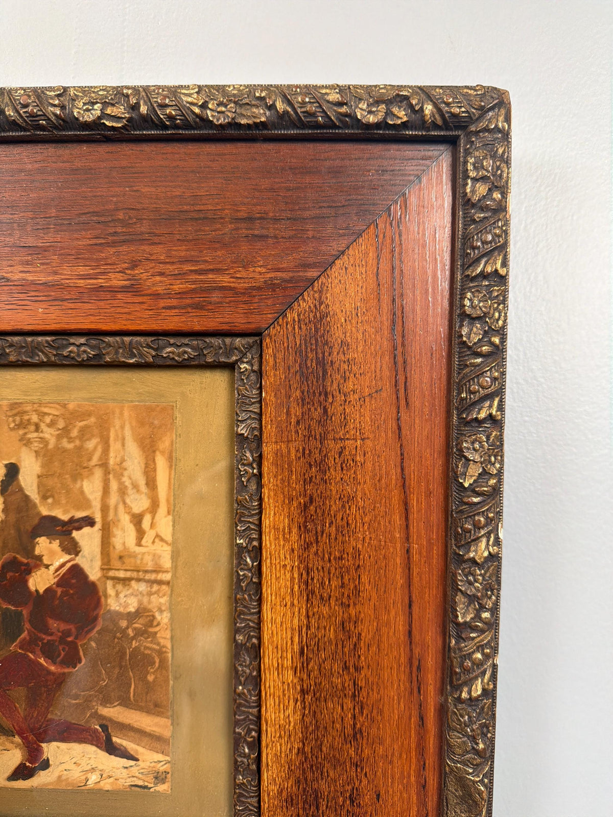 Antique Victorian Oak Frame with Romantic Scene Print, Ornate Gesso Trim, 19th Century Style Wall Art