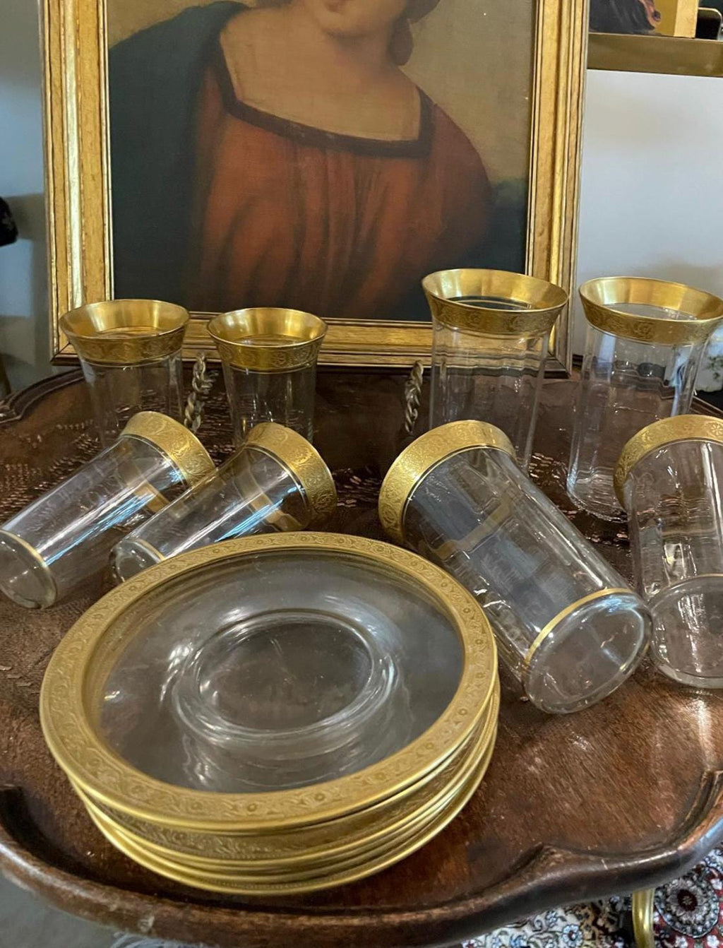 Vintage Gold Rimmed Glassware Set Crystal Dessert Plates Barware Tumblers Wine Glasses Cocktail Goblets Elegant Hollywood Regency Style