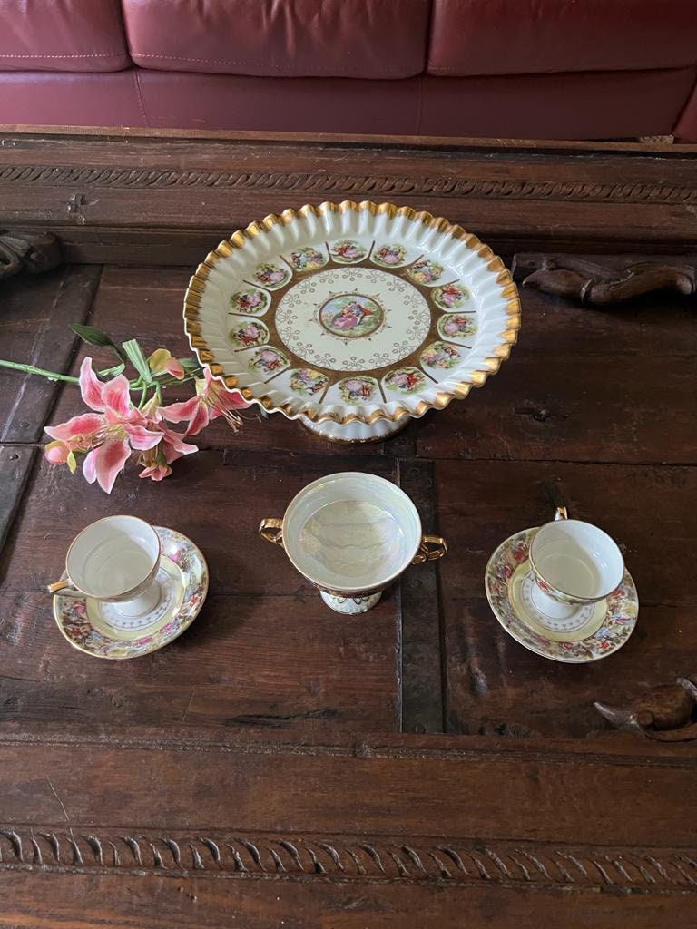 Vintage Set of 4 Fragonard Design Gold Gilded Porcelain Cake Stand  Cups Saucers  & Candy Dish