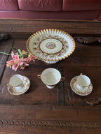 Vintage Set of 4 Fragonard Design Gold Gilded Porcelain Cake Stand  Cups Saucers  & Candy Dish
