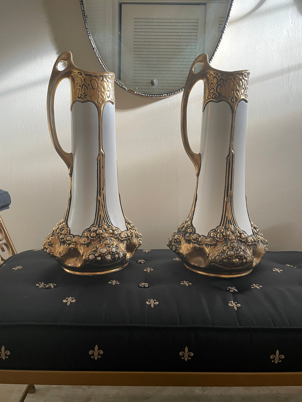 Pair of Antique Gold Gilded Porcelain Art Nouveau Austria Pottery Tall Vases by Julius Dressler Collectible Home Decor Rare Unique Pieces