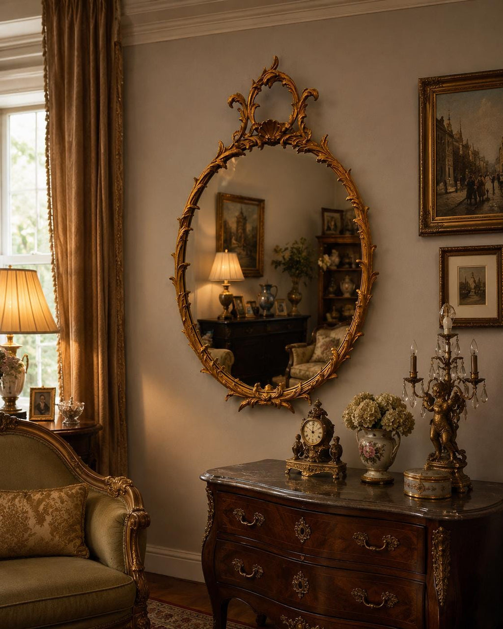 Vintage French Rococo Oval Wall Mirror, Revival Gilt Wood Ornate Louis XV Style