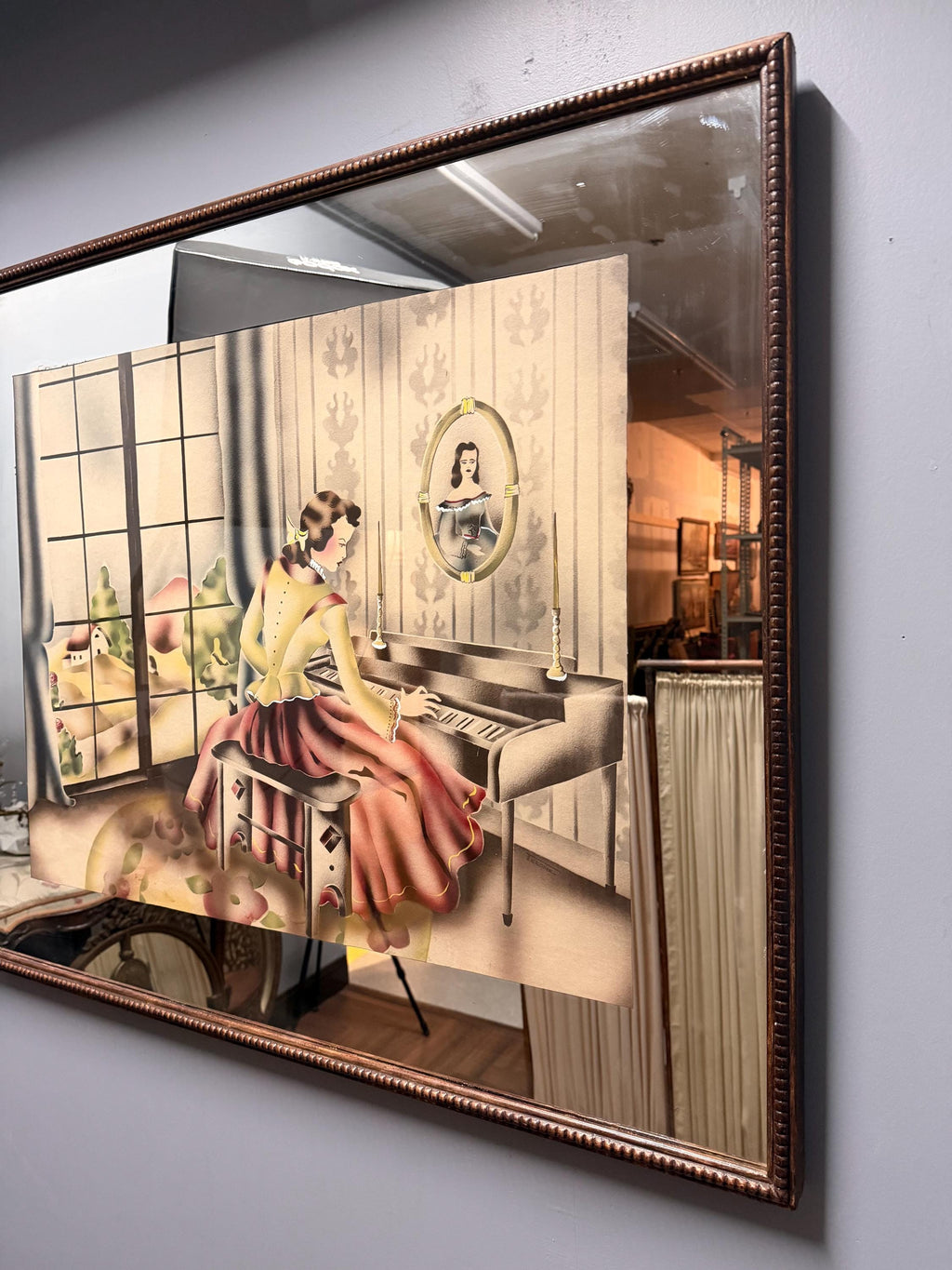 Vintage Art Deco Picture Mirror Lady at Piano Reverse Painted Airbrushed Boudoir Wall Mirror