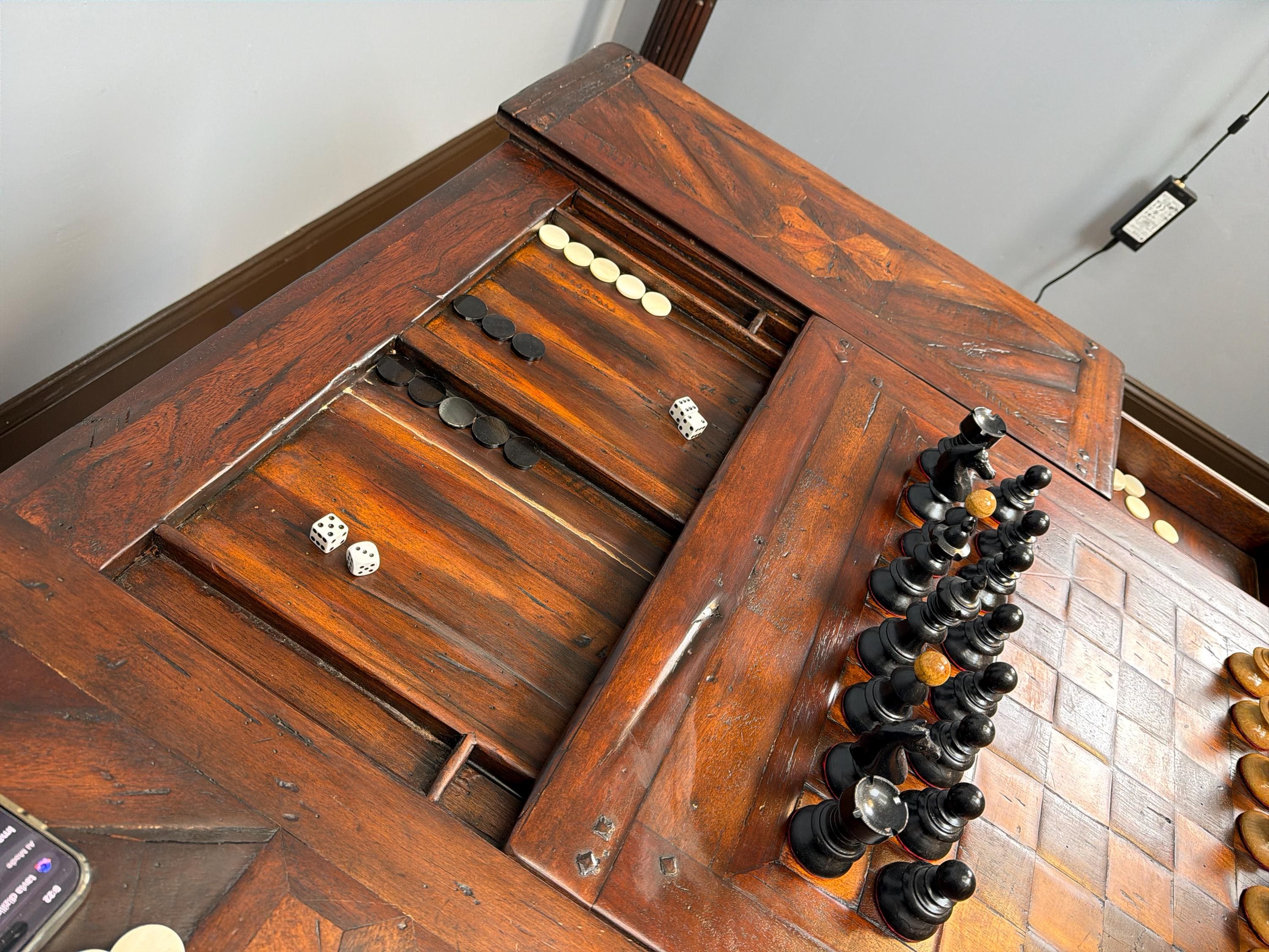 Antique Handcarved Walnut Chess Table, Backgammon Game by Theodore Alexander