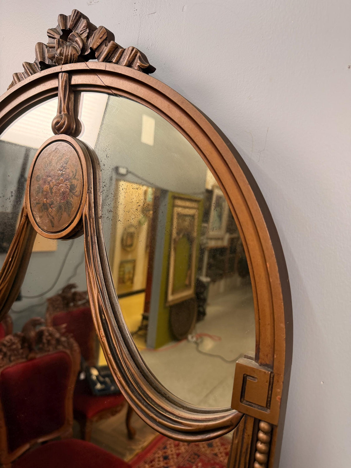 Vintage Louis XVI Neoclassical Wood Mirror, Bow & Swag Floral Medallion Wall Mirror