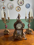 Antique Rococo Style French Clock Set Gilt Bronze Candelabras Porcelain Accents Romantic Scene Victorian Decor Collectible Mantelpiece 1900s