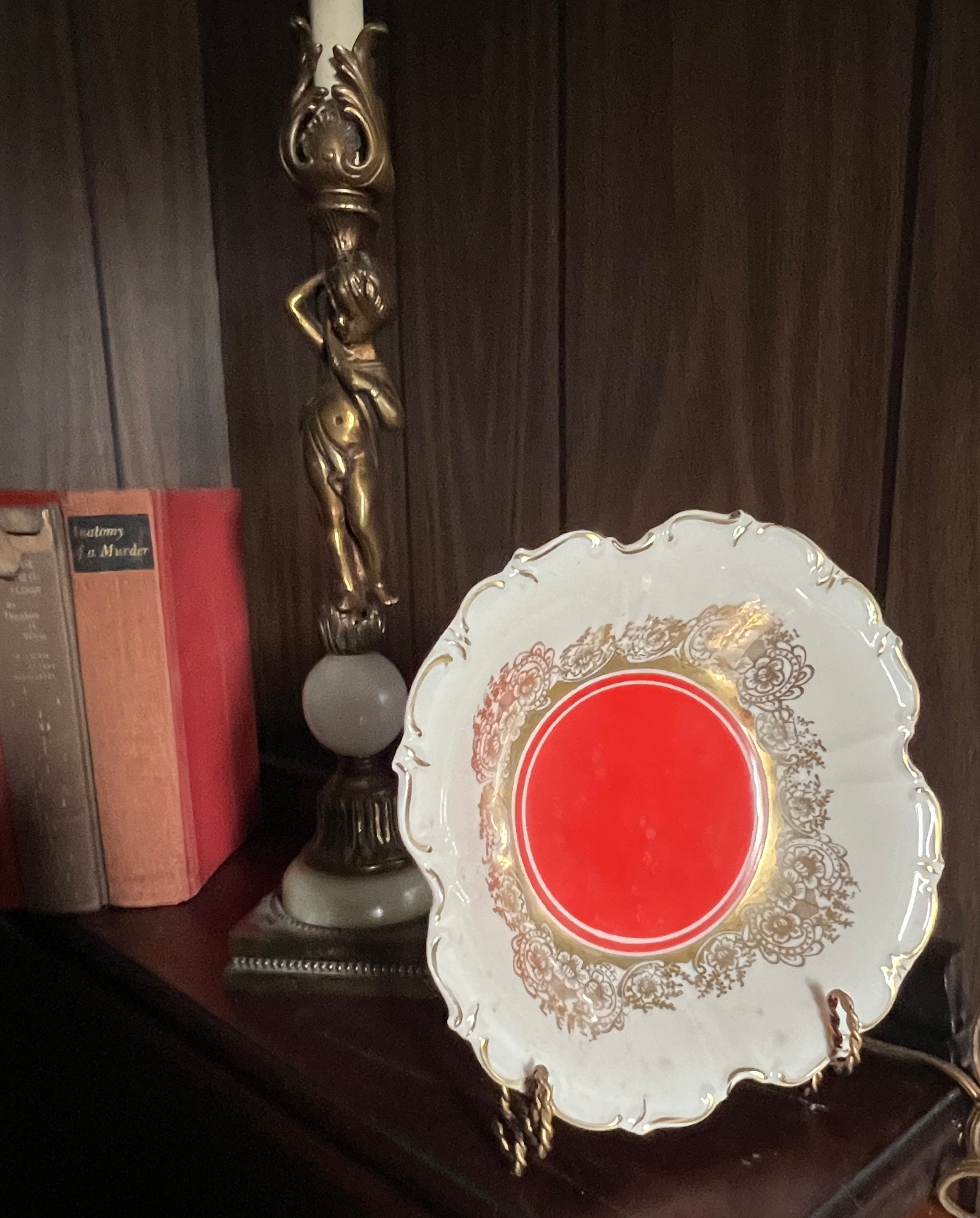 Vintage Red Gold Porcelain Decorative Plate Ornate Floral Baroque Scalloped Edge French Style Display Collectible Antique Home Decoration