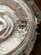 Antique Silverplate Footed Centerpiece Bowl Victorian Embossed Lion Head Decorative Dish Table Display Ornate Classical Revival Style