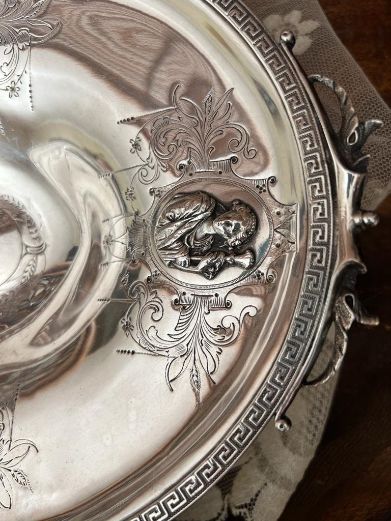 Antique Silverplate Footed Centerpiece Bowl Victorian Embossed Lion Head Decorative Dish Table Display Ornate Classical Revival Style