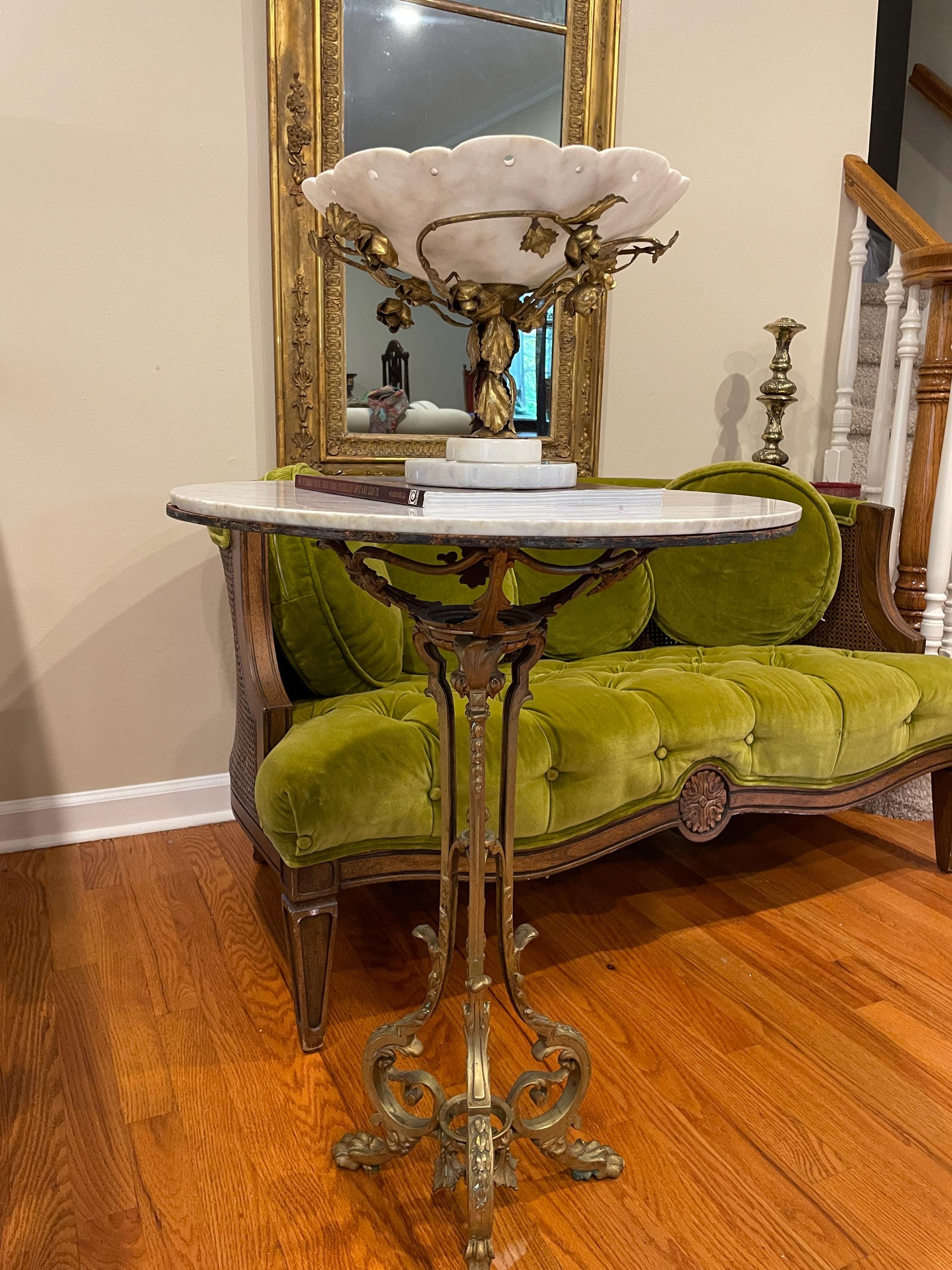 Antique White Marble Compote Centerpiece Pedestal Bowl Ornate Floral Gilt Brass Base French Victorian Table Decor Elegant Classic Accent