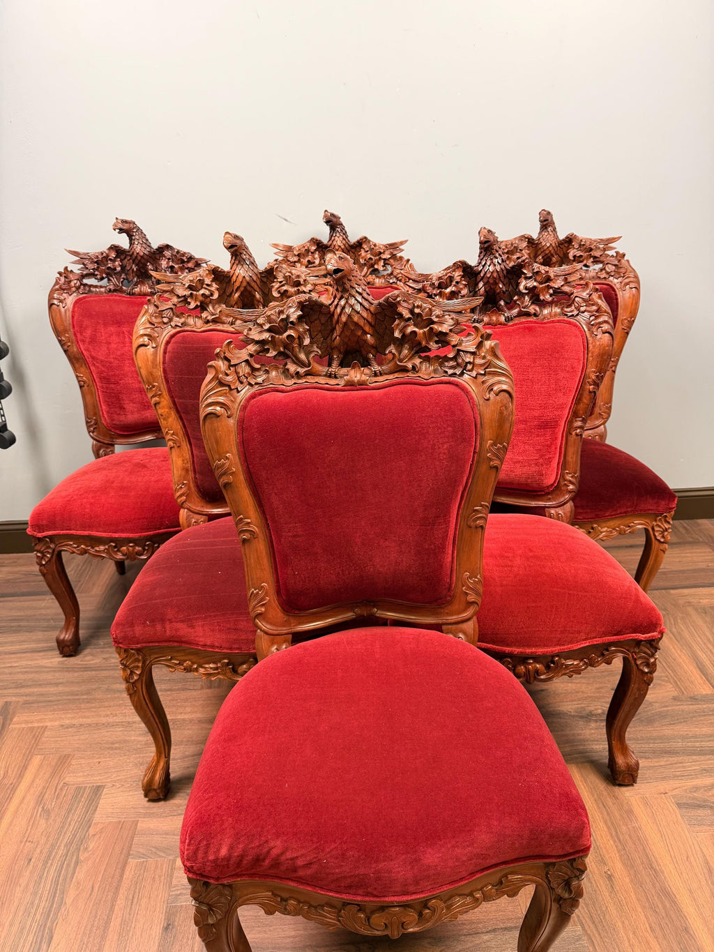 Vintage Carved Ornate Wood Eagle Crest Dining Chairs Renaissance Revival,  Set of 6 Chairs