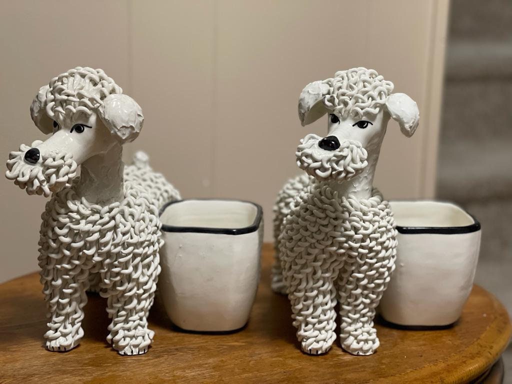 Vintage White Poodle Dog Planter Ceramic Mid Century Modern Animal Pot Whimsical Home Decoration French Poodle Flower Vase Unique Gift Idea