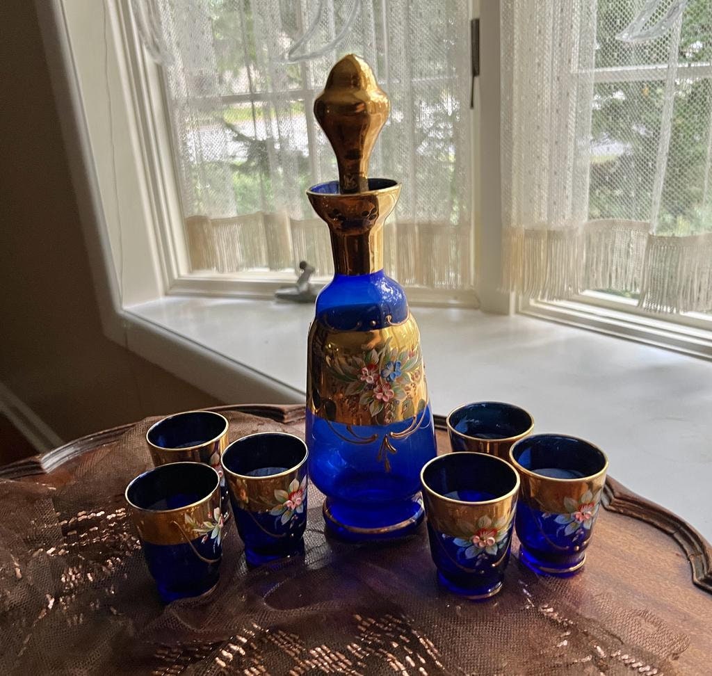 Vintage Cobalt Blue Glass Decanter Set Gold Floral Enamel Bohemian Style Barware Elegant Home Decoration Mid Century Gift Idea Collectible