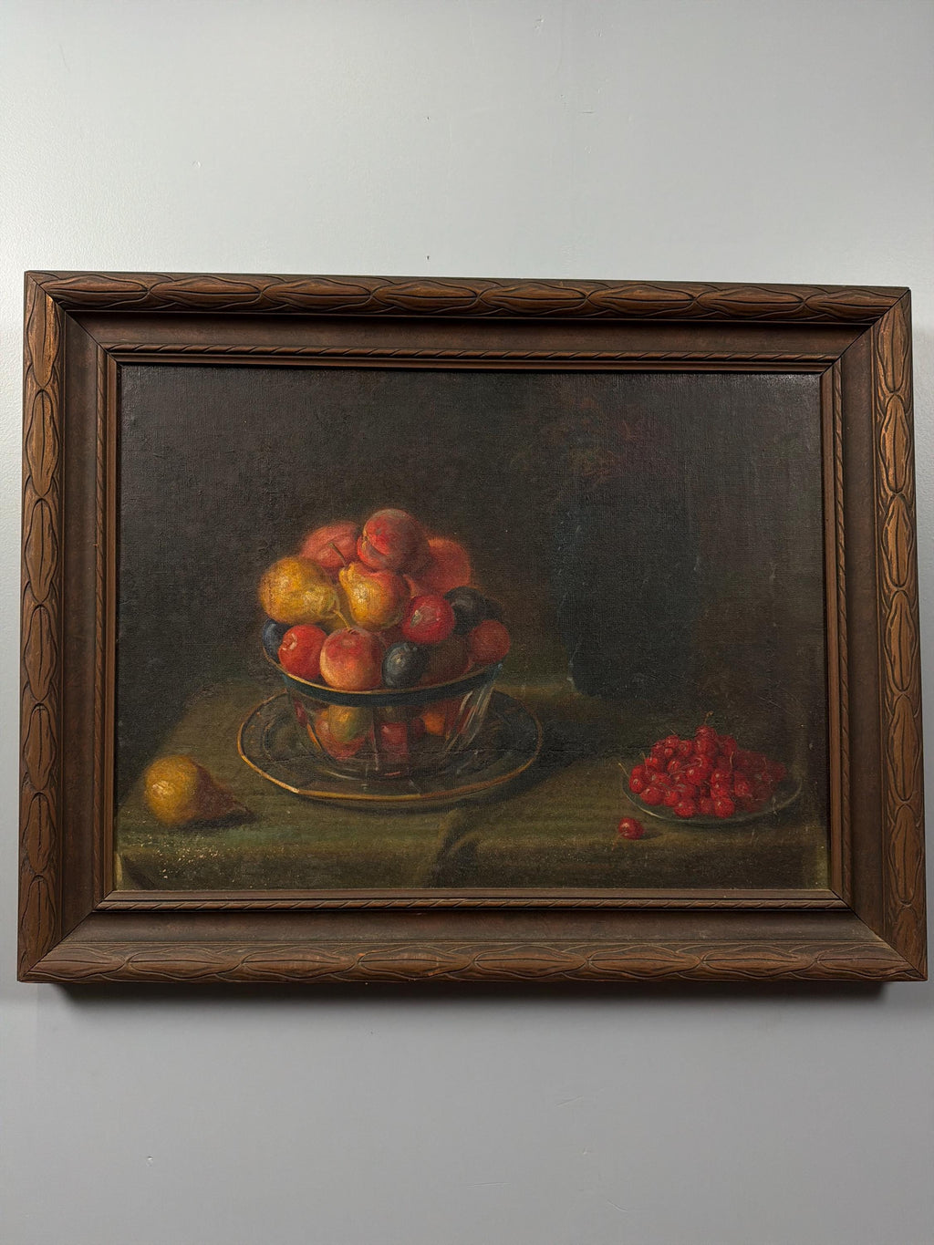 Vintage Oil Painting Still Life, Fruit Bowl Artwork, Classical Dark Background, Framed Traditional Wall Art