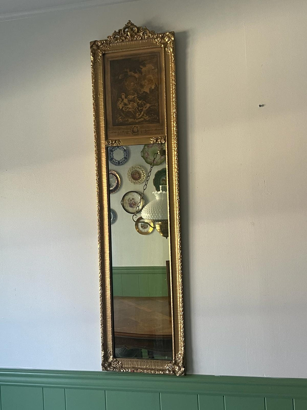 Antique French Trumeau Wall Mirror Ornate Gold Frame Etching Glass Rococo Style Large Gilded Victorian Decoration Hallway Accent Piece