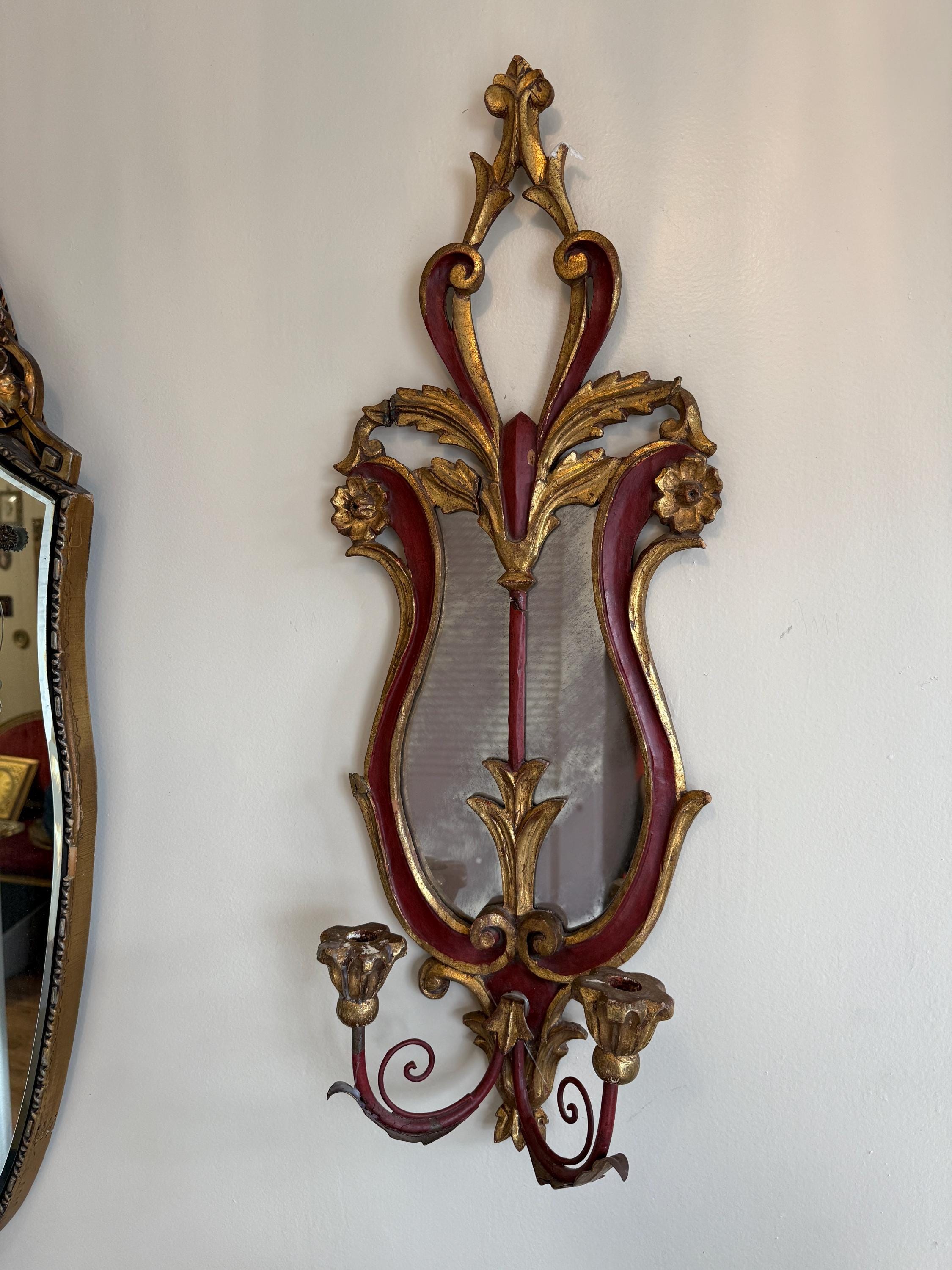 Antique Pair of French Style Rococo Design Wood Wall Candle Sconces Hand-Painted Red & Gold Gilded Pair, Baroque Style Candleholders