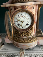 19th Century Alabaster Brass Mantel Clock Set Decorative Antique French Candelabra Pair Elegant Gilded Classical Style Home Display Decor